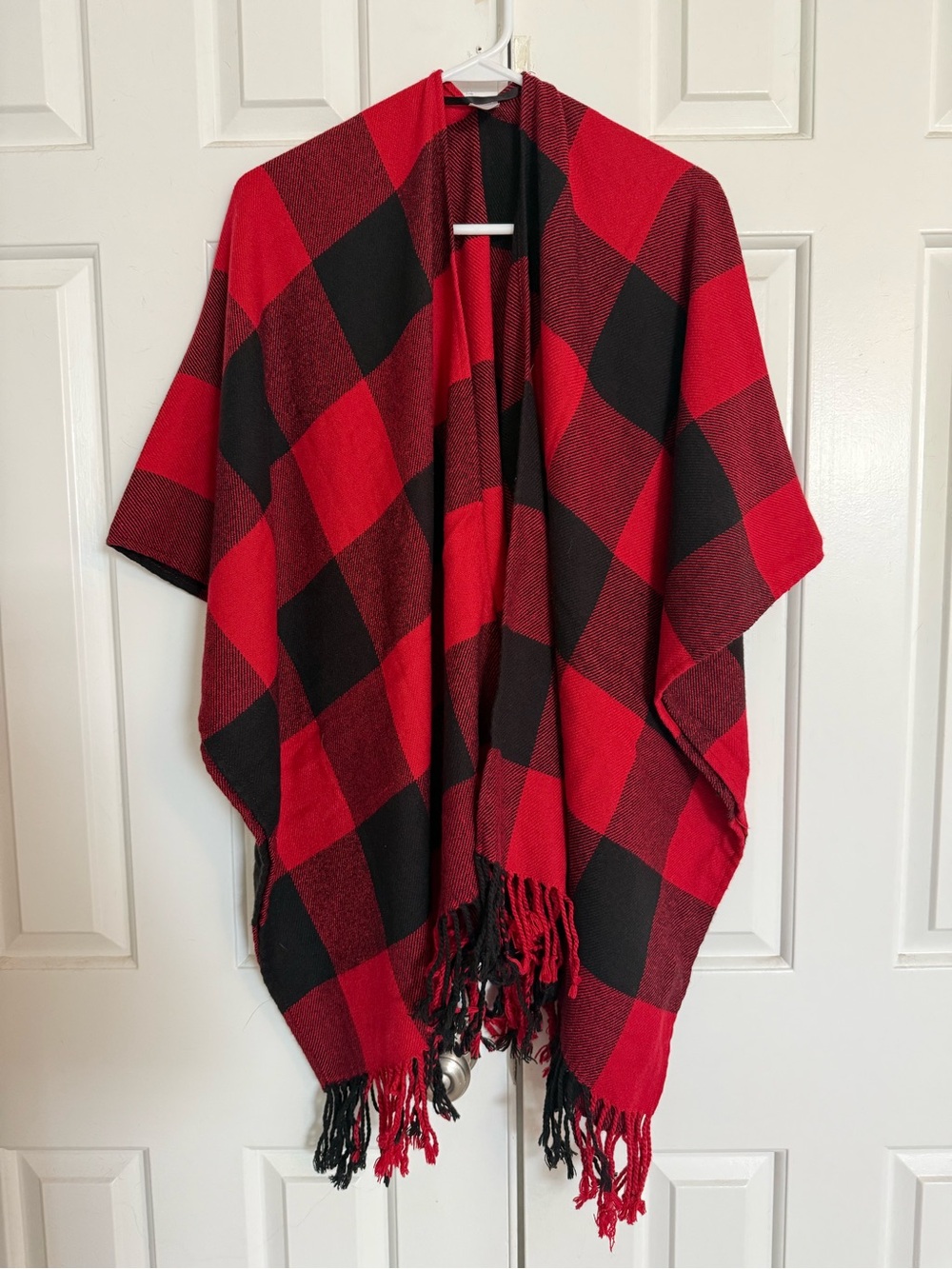 Red and Black Buffalo Plaid Fringe Poncho